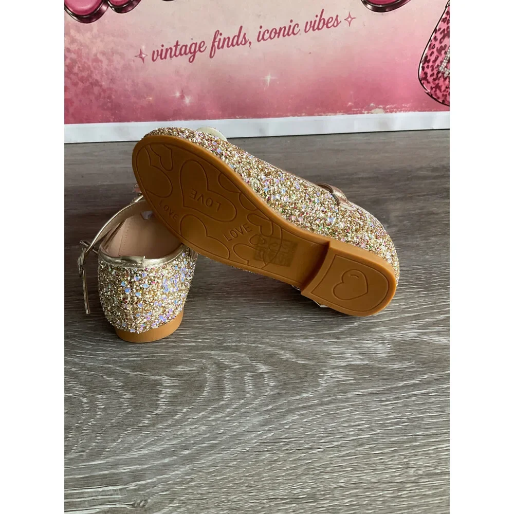 Flats Sparkly Gold With Strap (Size T6.5)